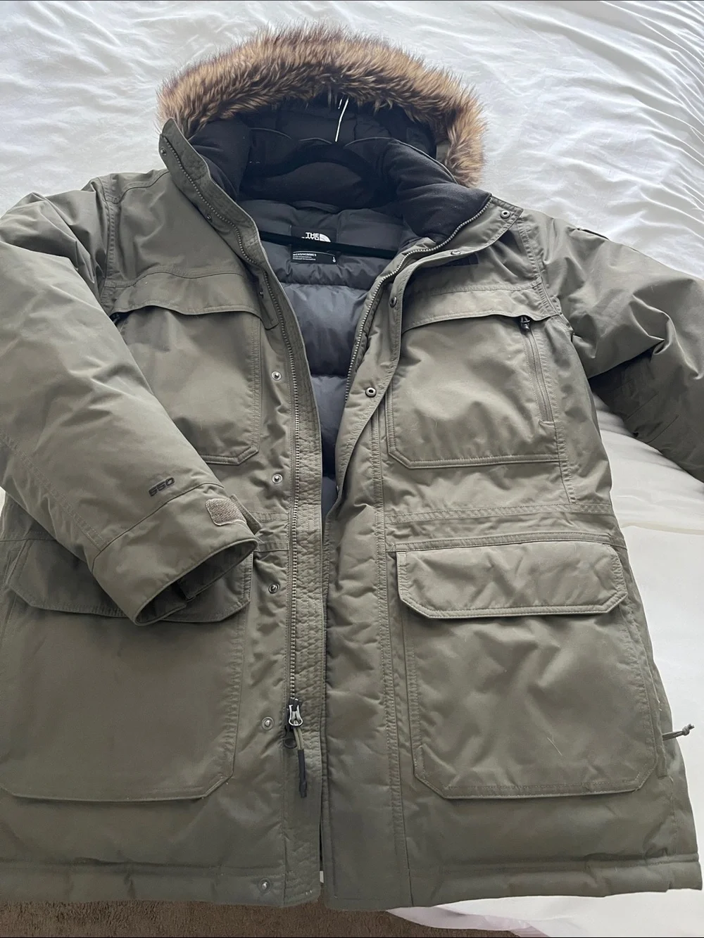 The North Face Olive Green Men's Puffer Parka with Faux-Fur Hood